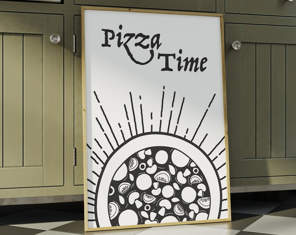 Pizza Time Whole Pizza Black Line Art Retro Kitchen Decor Wall Poster
