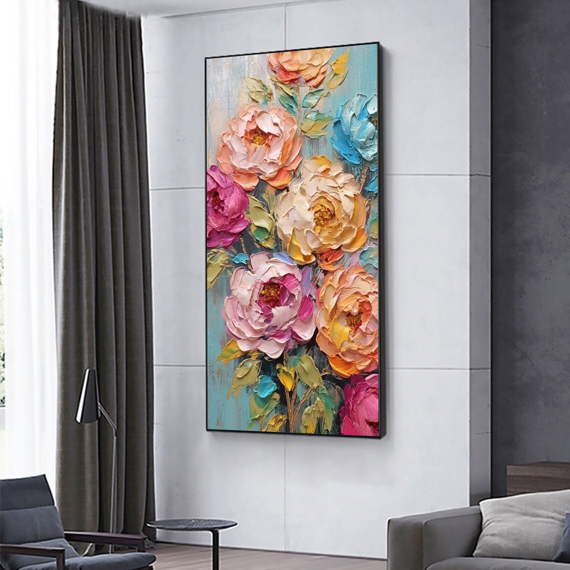 Lush Peony Bouquet Bursting in Pink and Peach on Teal Poster - Image 5