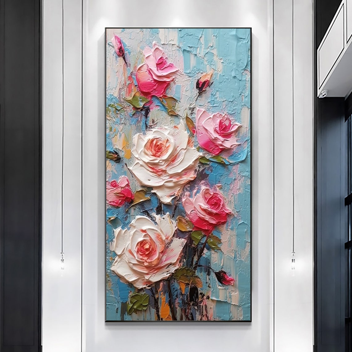 Pink and White Roses Impasto Oil Painting on Blue Canvas Poster - Image 4