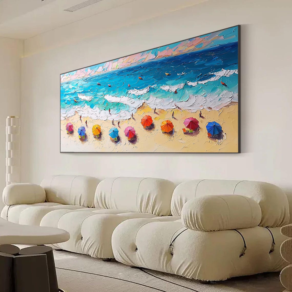 Aerial Beach Umbrellas Turquoise Sea Panoramic Oil Painting Art Print - Image 2