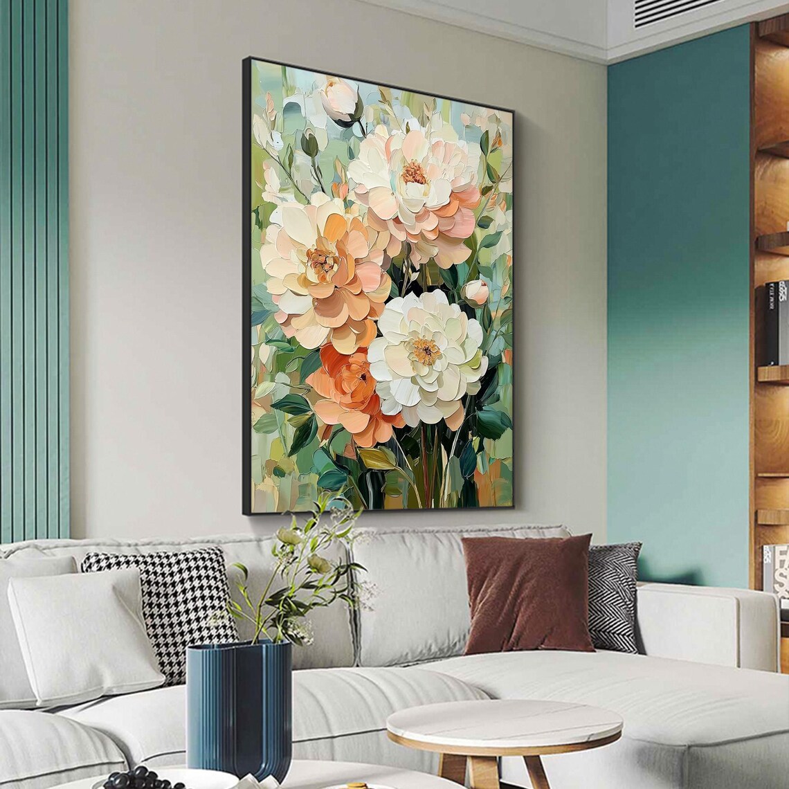 Peach White Peony Stems Garden Vertical Oil Painting Art Print - Image 5