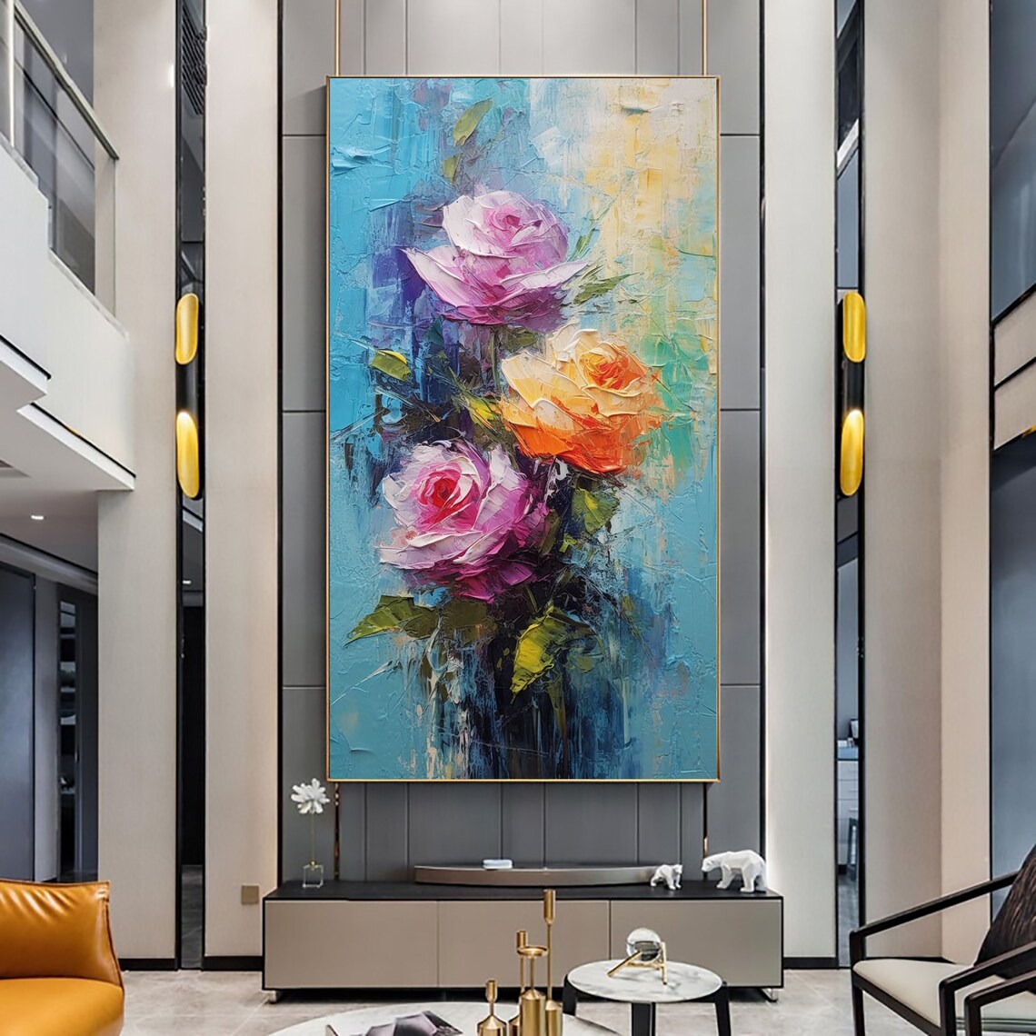 Abstract Pink Orange Roses on Blue Textured Oil Painting Poster - Image 5