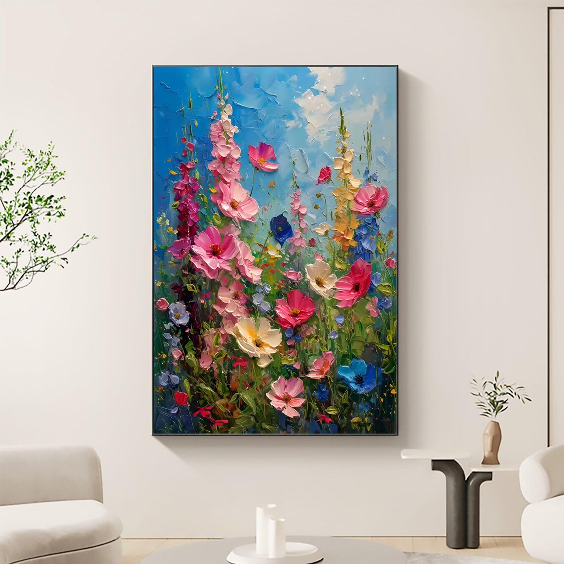 Tall Wildflower Meadow Impasto Vertical Oil Painting Art Print