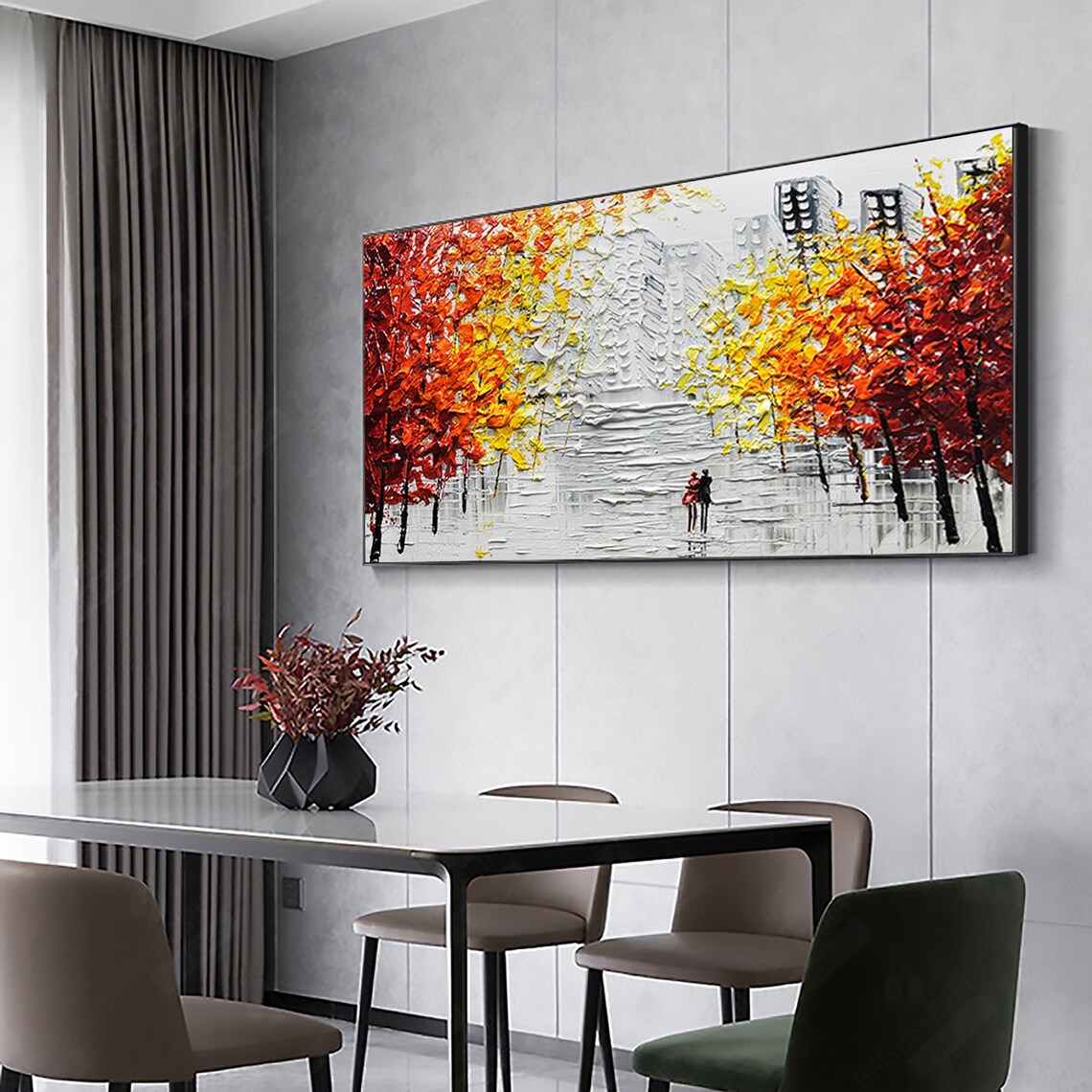 Romantic Couple Autumn City Stroll Panoramic Oil Painting Art Print - Image 3