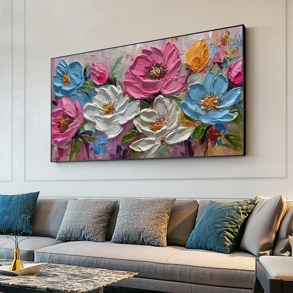 Bold Impasto Blooms in Pink White and Blue Floral Garden Poster - Image 2