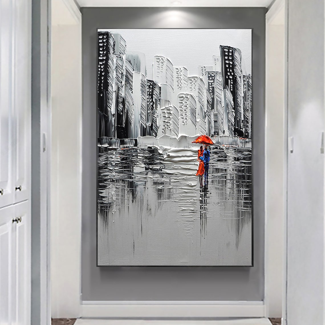 Large Abstract City Landscape Oil Painting On Romantic Couple Textured Modern Urban Wall Art Black Painting Living Room Home Decor - Image 6
