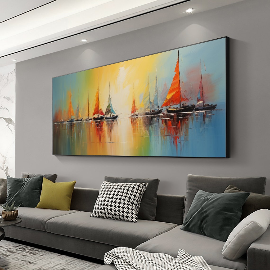 Sailboats at Sunrise Orange Sails Misty Harbor Morning Poster - Image 3
