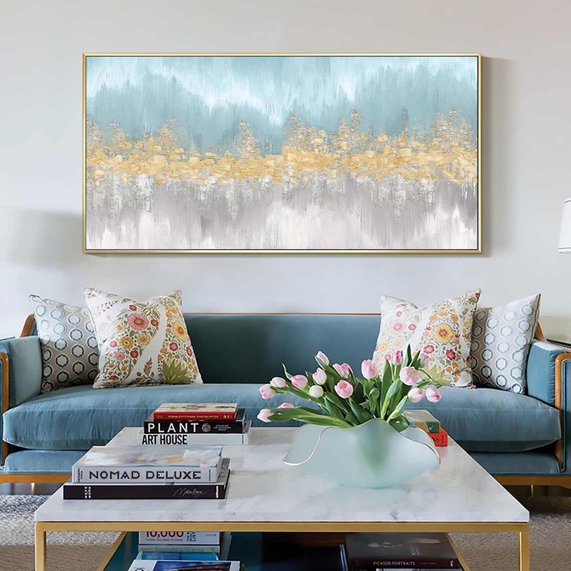Gold Glitter Horizon Over Pale Blue Minimalist Oil Painting Art Print - Image 6