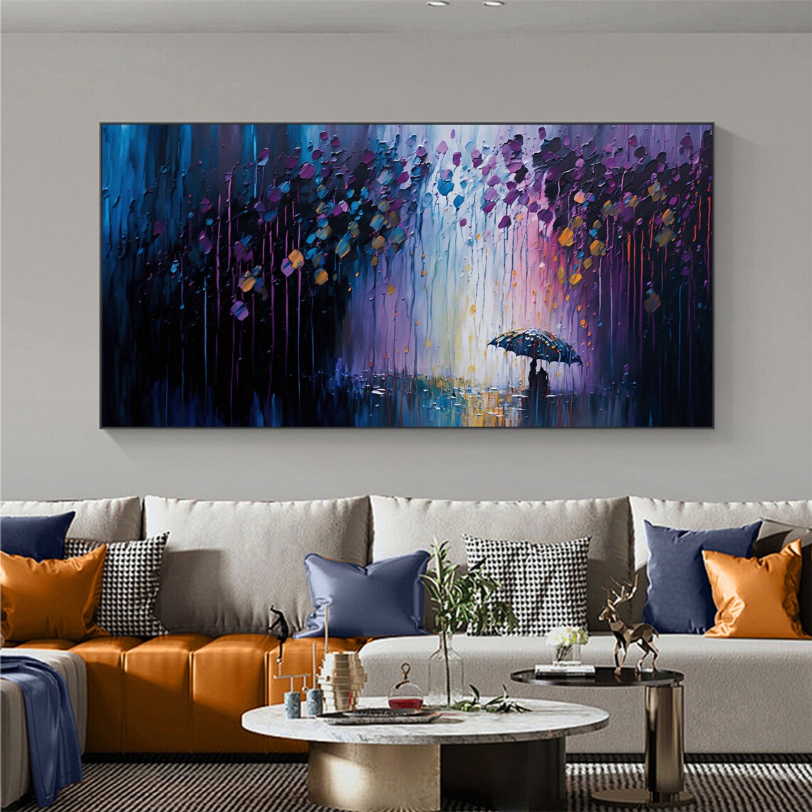 Umbrella Walker in Purple Night Rain Panoramic Oil Painting Art Print - Image 4
