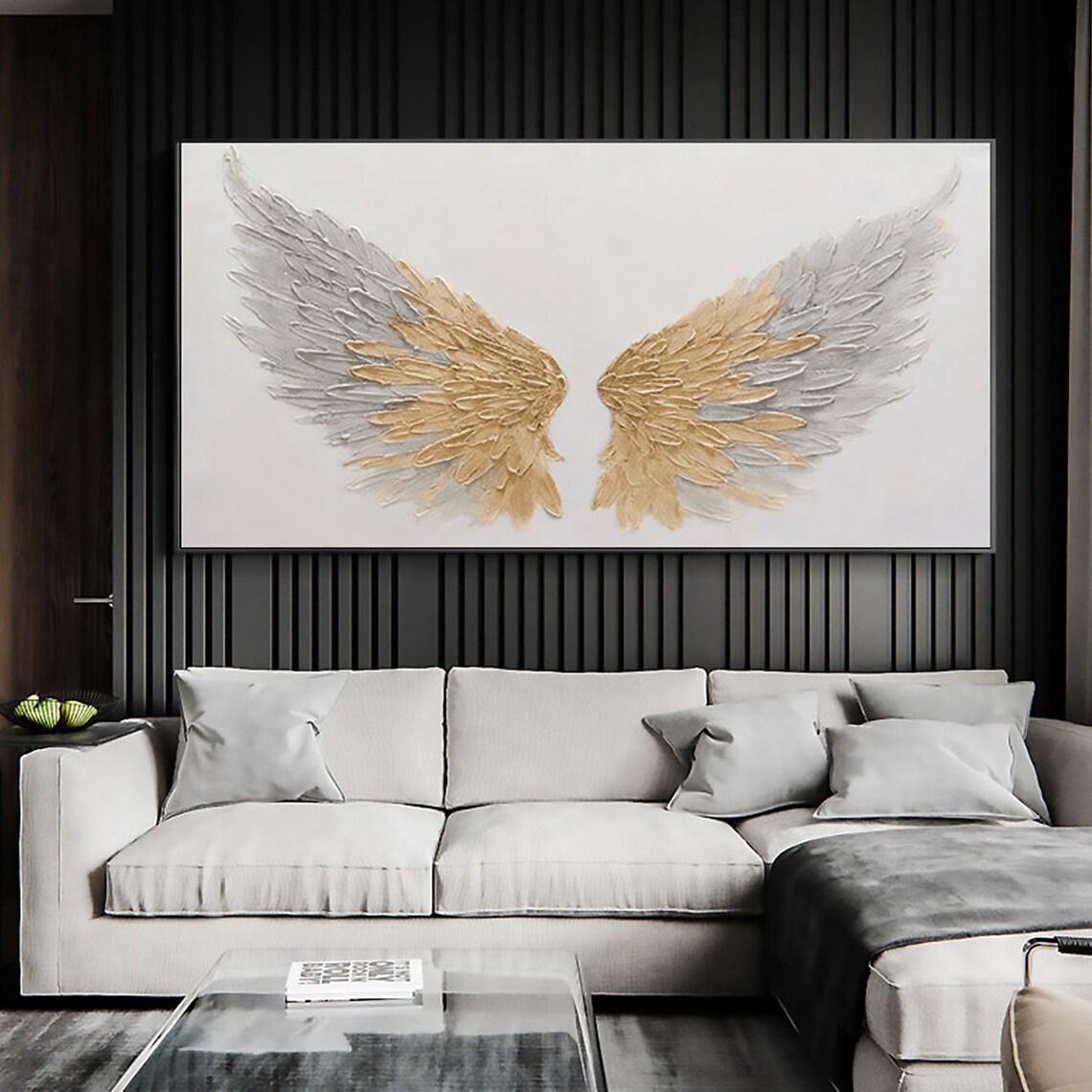 Gold Grey Angel Wings White Minimalist Textured Feather Poster - Image 3