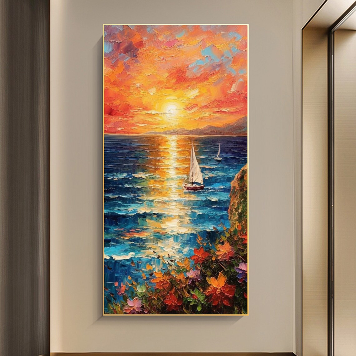 Sunset Sailboats Over Ocean Cliffs Vertical Oil Painting Art Print - Image 6