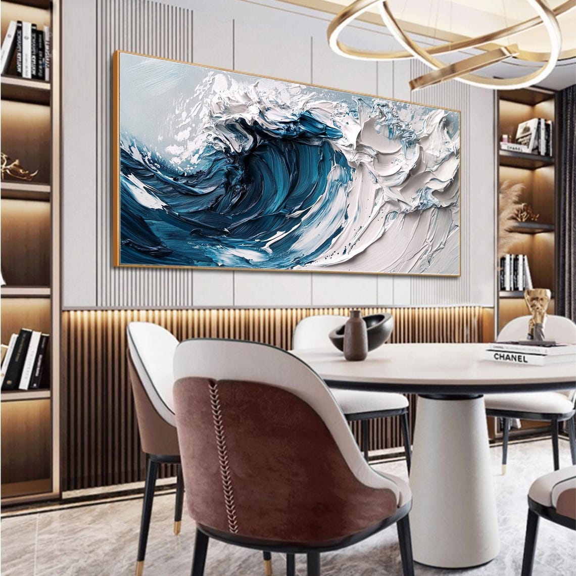 Crashing Blue Ocean Wave Impasto Panoramic Oil Painting Art Print - Image 5