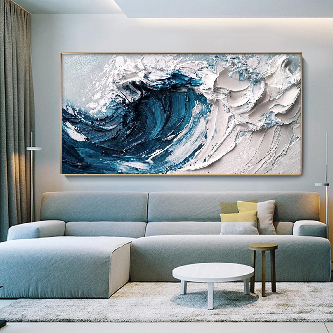Crashing Blue Ocean Wave Impasto Panoramic Oil Painting Art Print