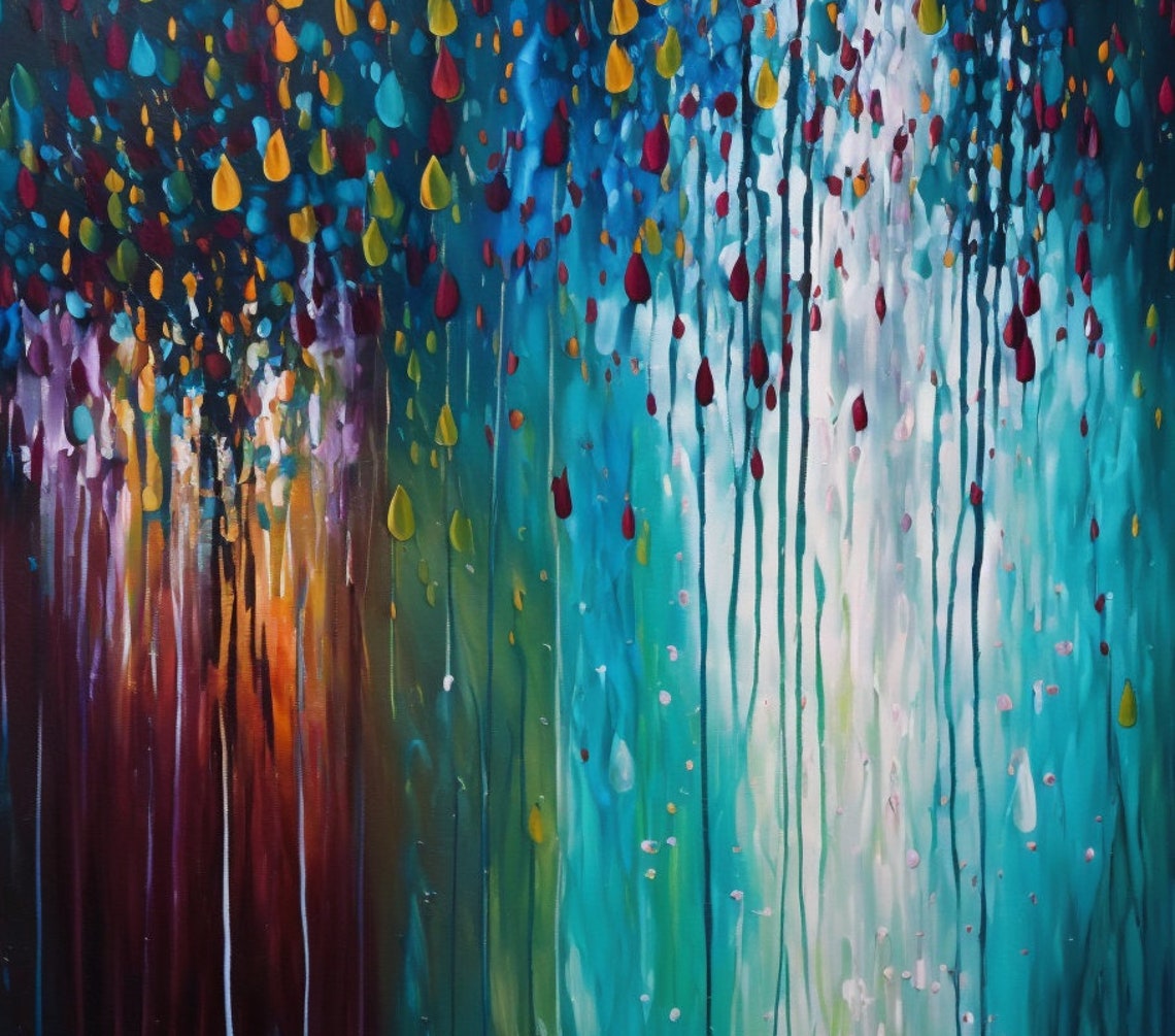 Colorful Falling Rain Abstract Panoramic Oil Painting Art Print - Image 3