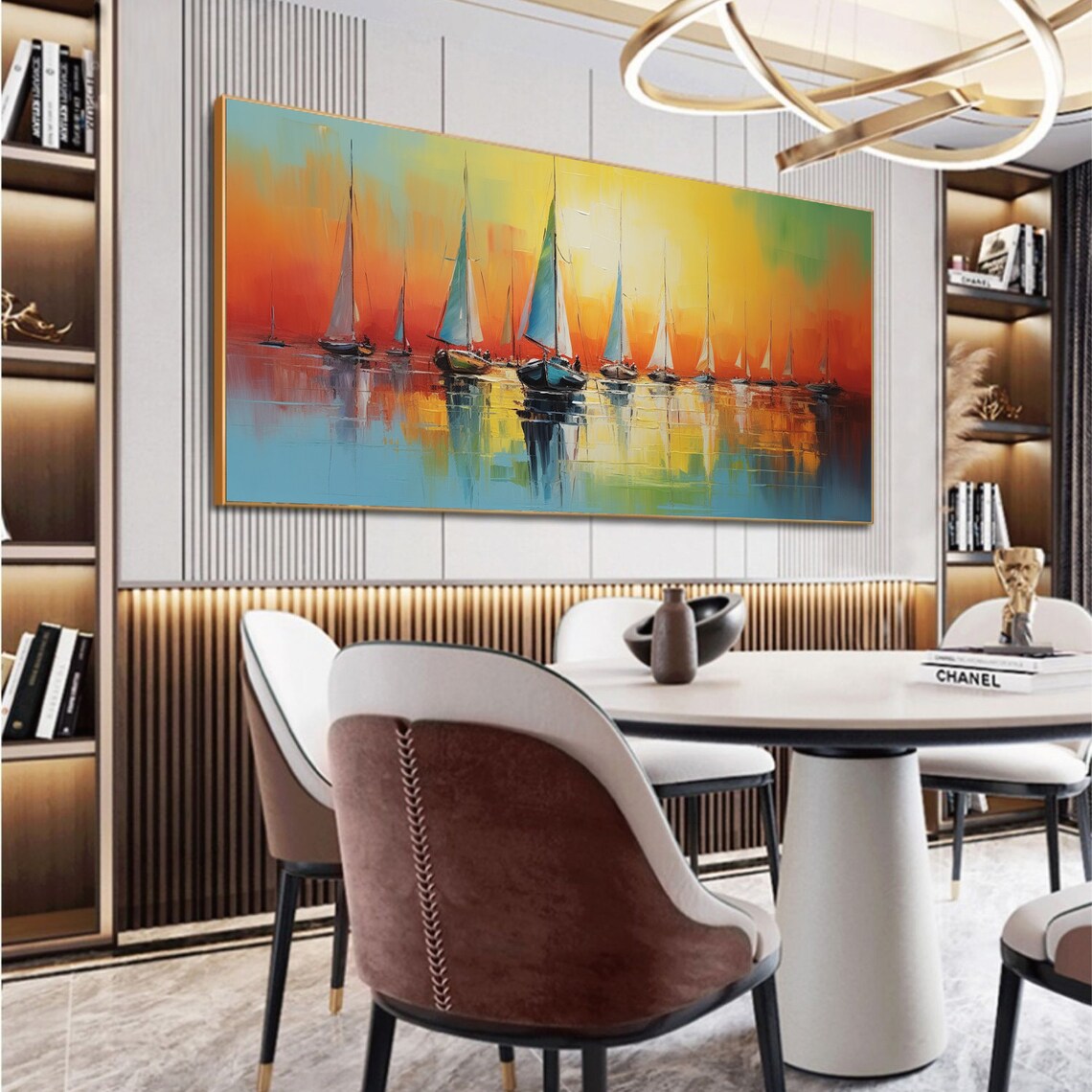 Abstract Sailboats at Sunset Orange Sky Nautical Oil Painting Poster - Image 4