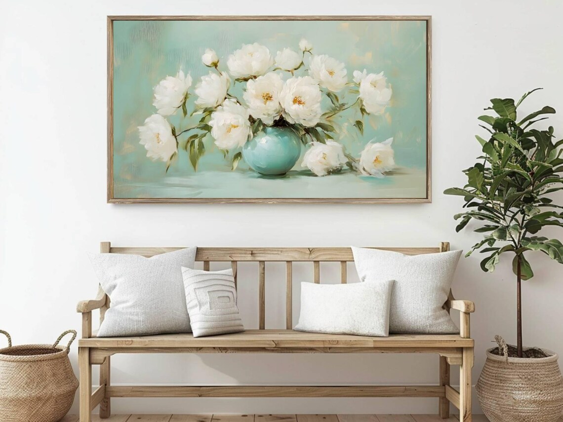 Elegant White Peonies Blue Vase Soft Pastel Floral Frame TV Art Print - Image 2
