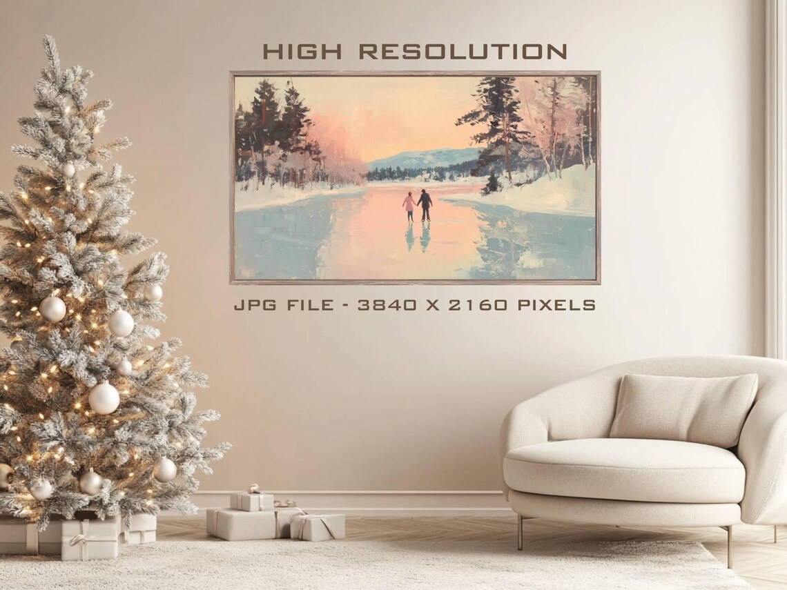 Vintage Couple Ice Skating Frozen Lake Pink Sunset Winter Frame TV Print - Image 3