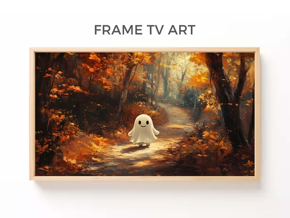 Cute Smiling Ghost Walking Autumn Forest Path Golden Leaves Halloween Poster
