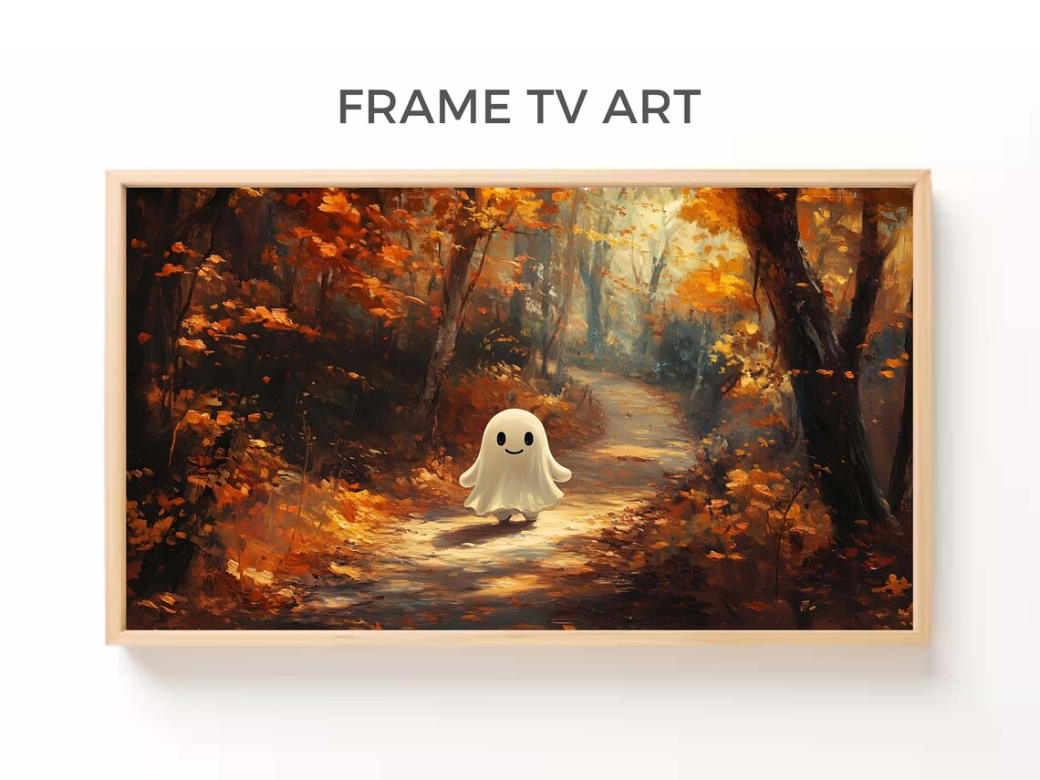 Cute Smiling Ghost Walking Autumn Forest Path Golden Leaves Halloween Poster