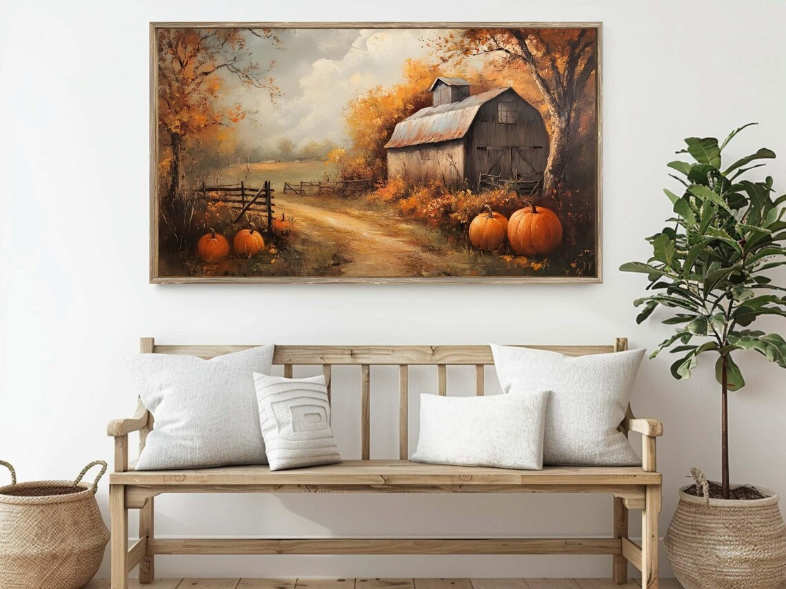 Vintage Autumn Barn Farm Oil Painting Pumpkins Moody Fall Trees Poster Print - Image 2