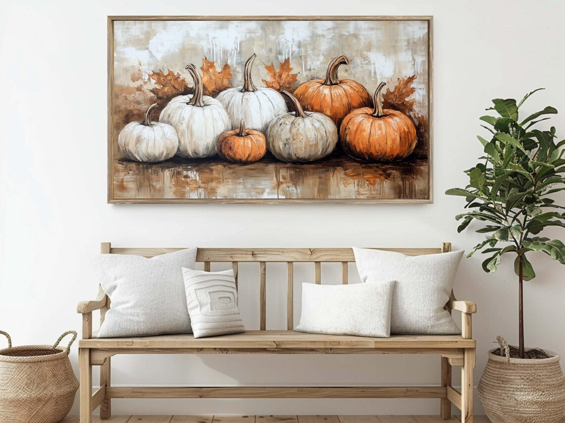 Neutral Fall Pumpkins Still Life White Orange Vintage Textured Oil Poster Art - Image 2