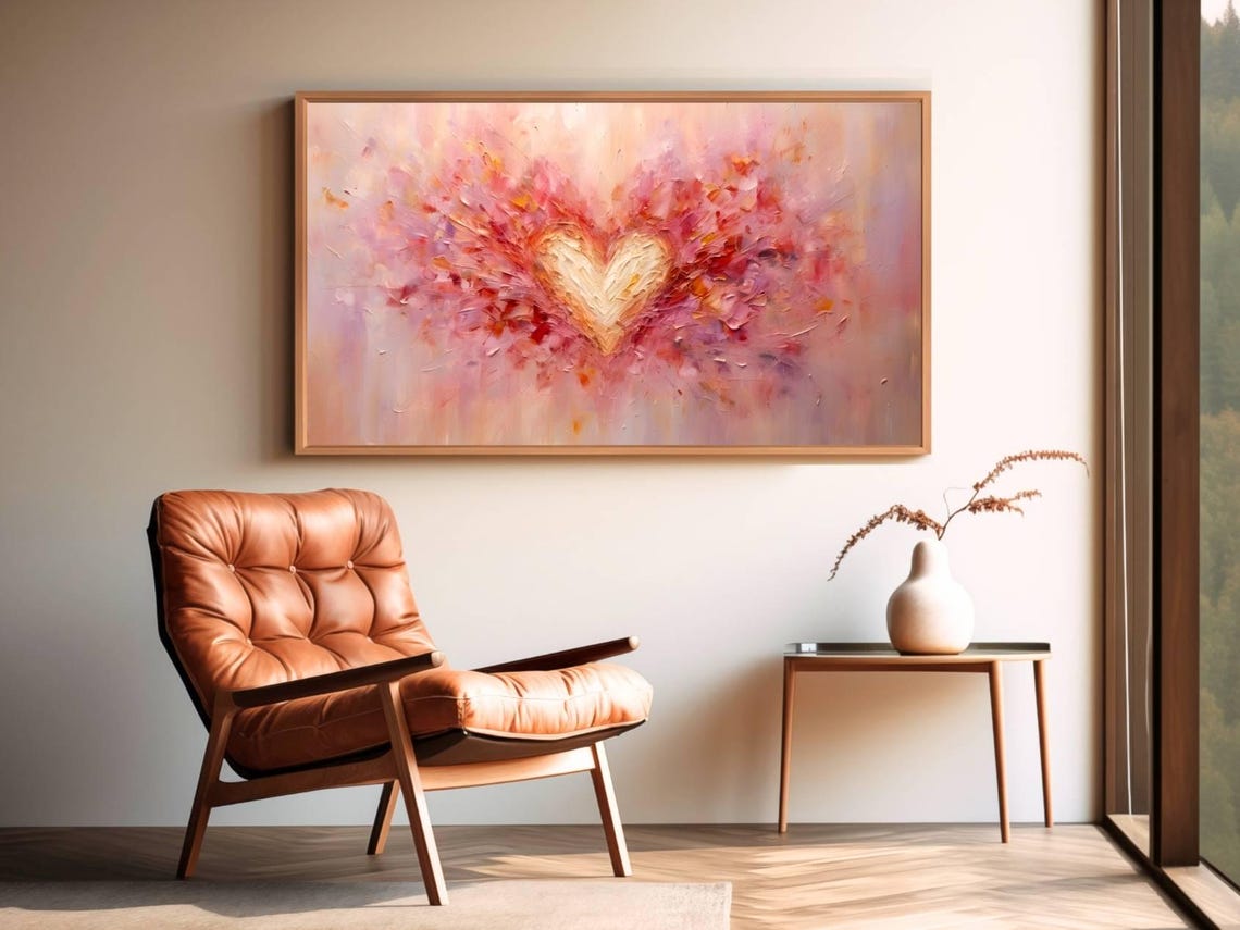 Romantic Pink Impasto Heart Abstract Painting Valentine Wall Art Print - Image 3