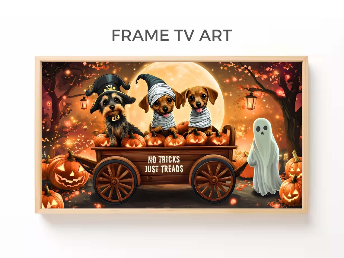 Halloween Dogs Costumes Pumpkin Wagon No Tricks Just Treads Wall Poster