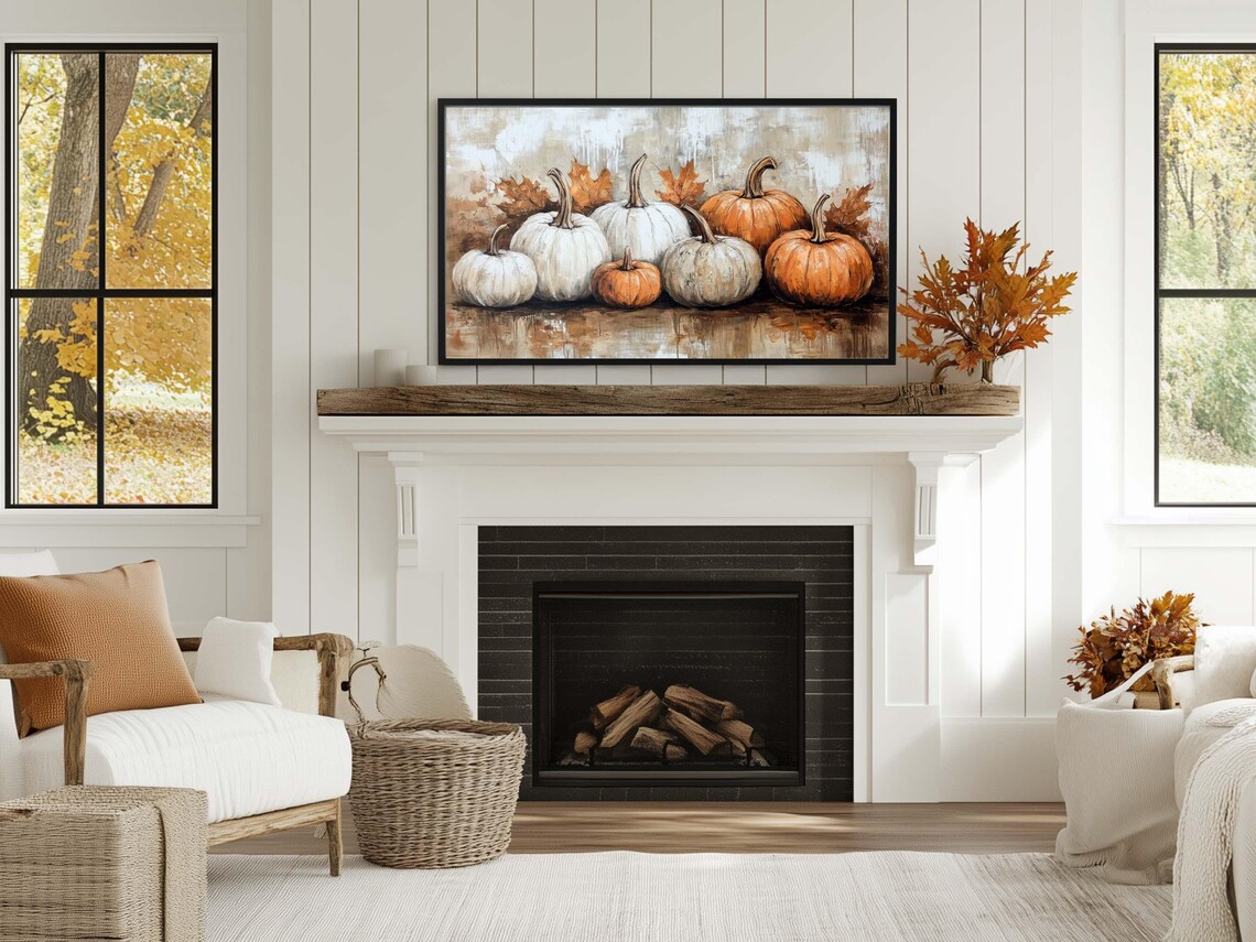 Neutral Fall Pumpkins Still Life White Orange Vintage Textured Oil Poster Art - Image 3