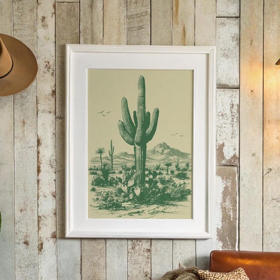 Vintage Desert Cactus Illustration With Mountains