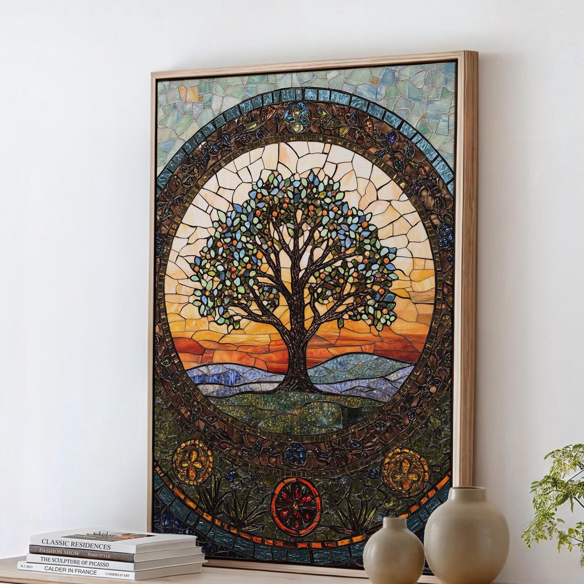 Stained Glass Tree Of Life Mosaic At Orange Sunset With Hills Poster