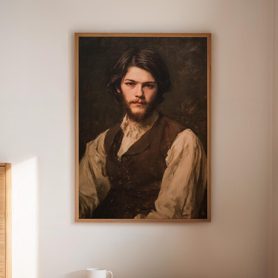 Vintage Oil Portrait of Bearded Man in Vest Classic 19th Century Poster