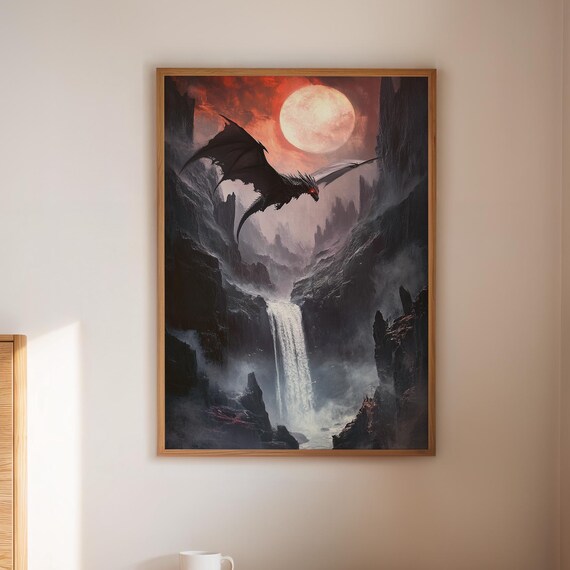 Black Dragon Fantasy Canvas Fierce With Glowing Eyes Over Waterfall In Fiery Moonlight Gothic Landscape Wall Art Poster