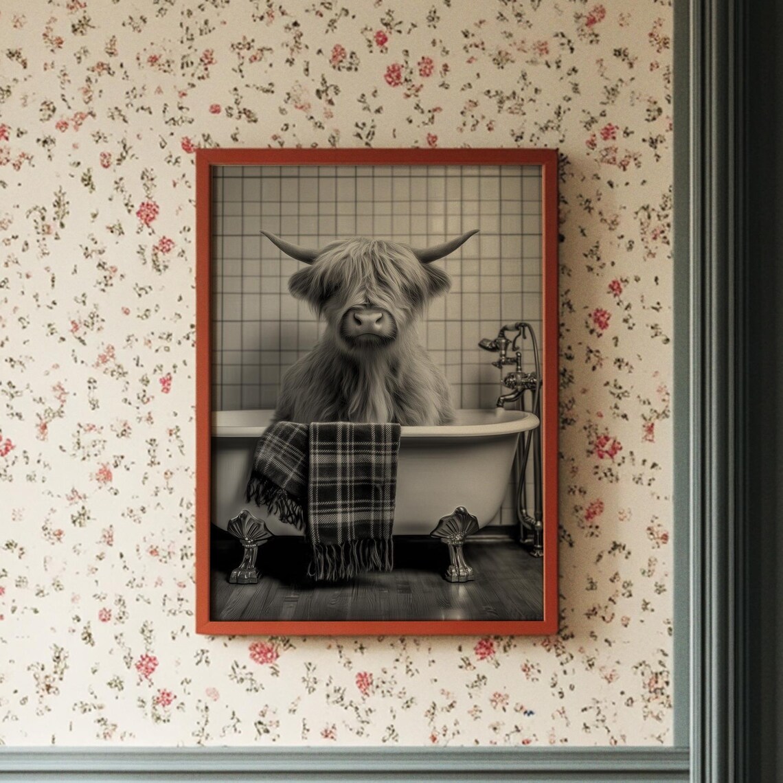 Highland Cow in Bathtub Funny Black and White Bathroom Wall Poster