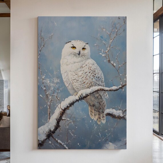 Snowy Owl Resting on Snowy Branch Frosty Blue Winter Art Print