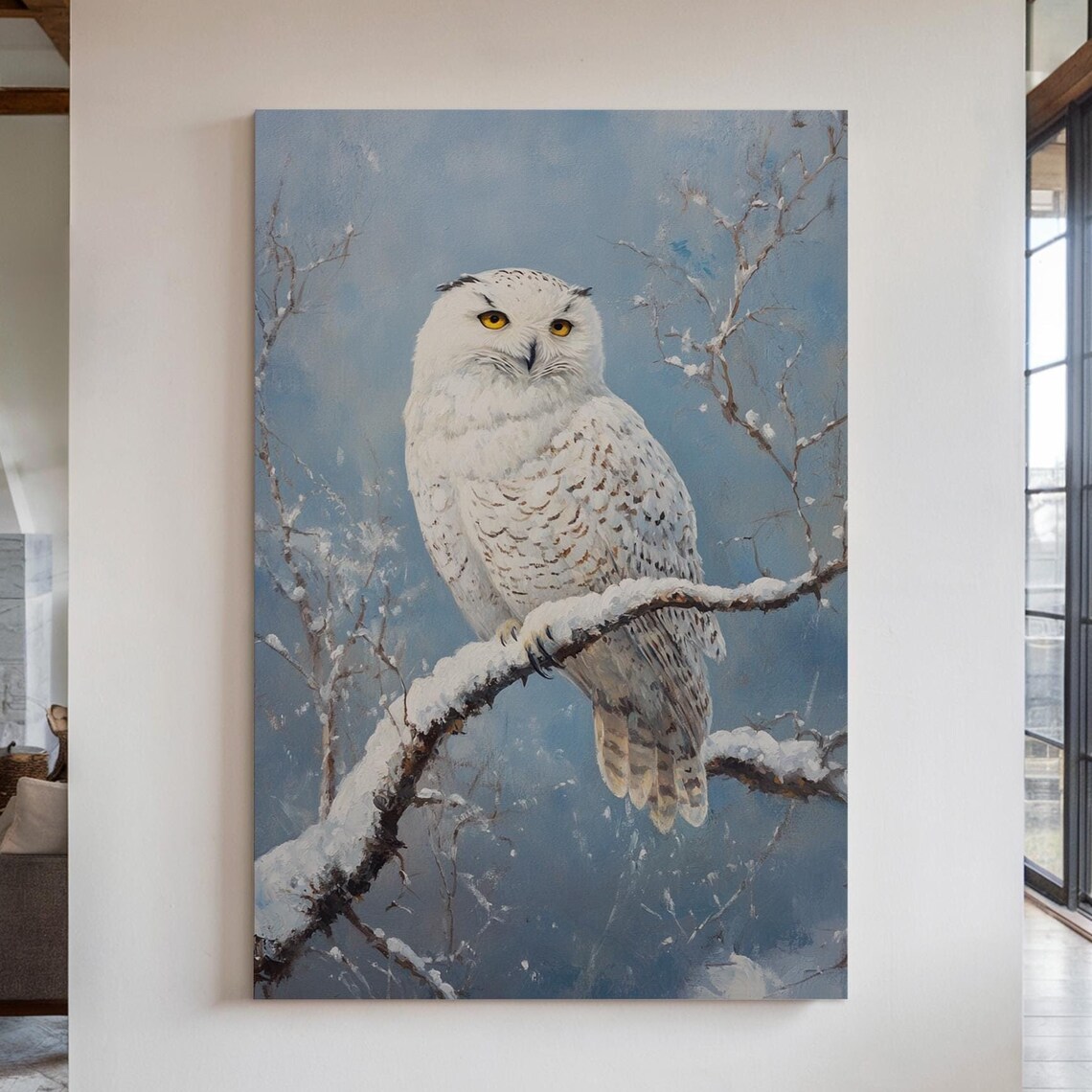 Snowy Owl Resting on Snowy Branch Frosty Blue Winter Art Print