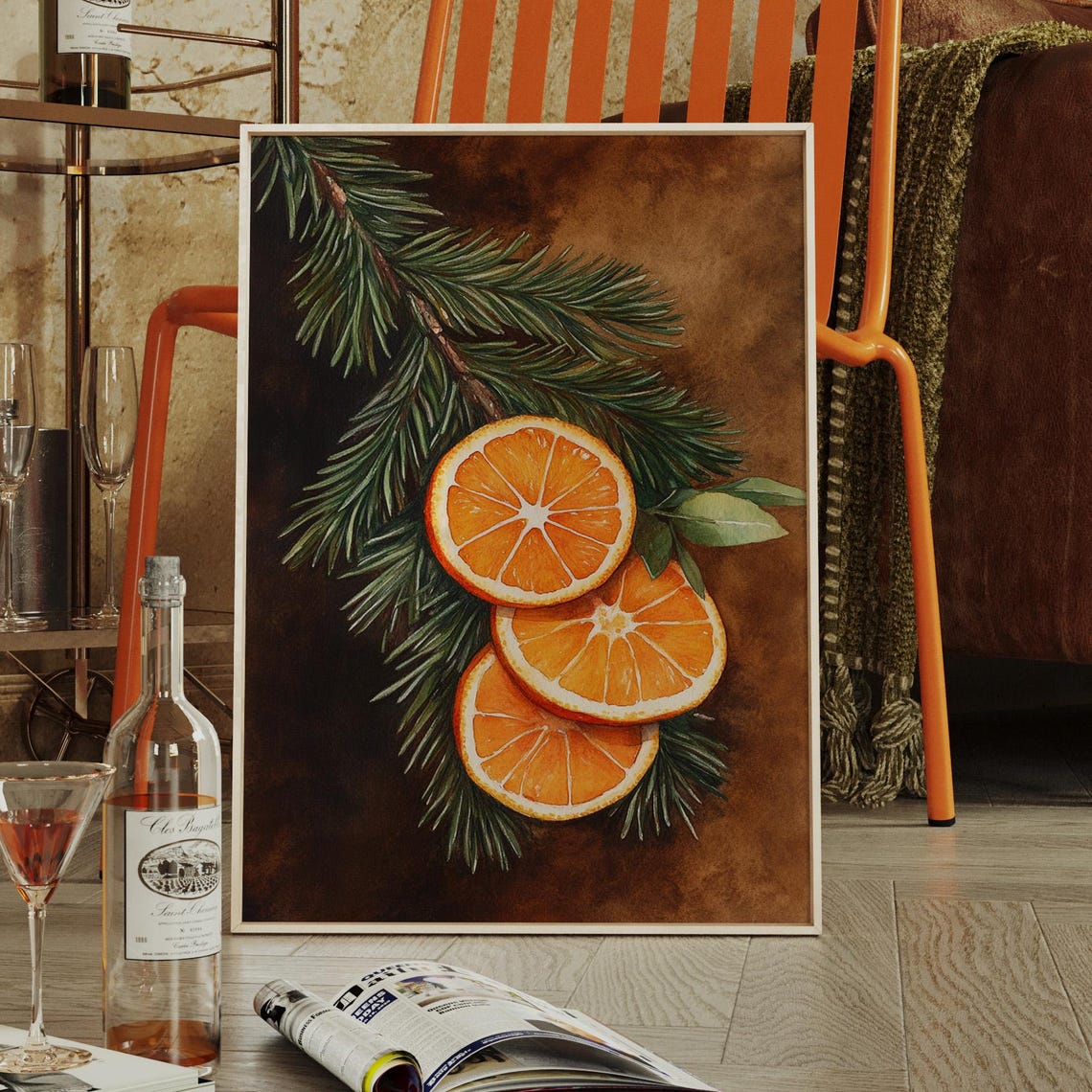 Orange Slices With Pine Branch Rustic Winter Botanical Art Poster