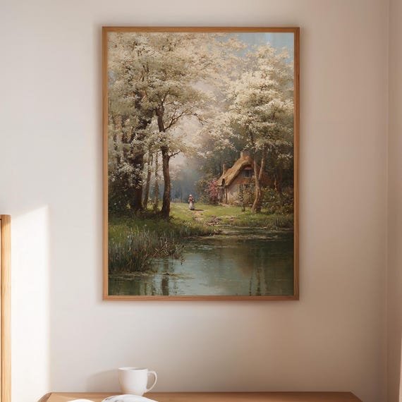 Cottage By The Lake Vintage Spring Landscape Art Print