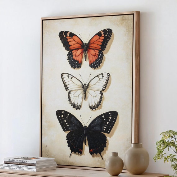 Elegant Butterfly Trio Wall Art Red White Black Butterflies On Neutral Background Nature Inspired For Home Decor