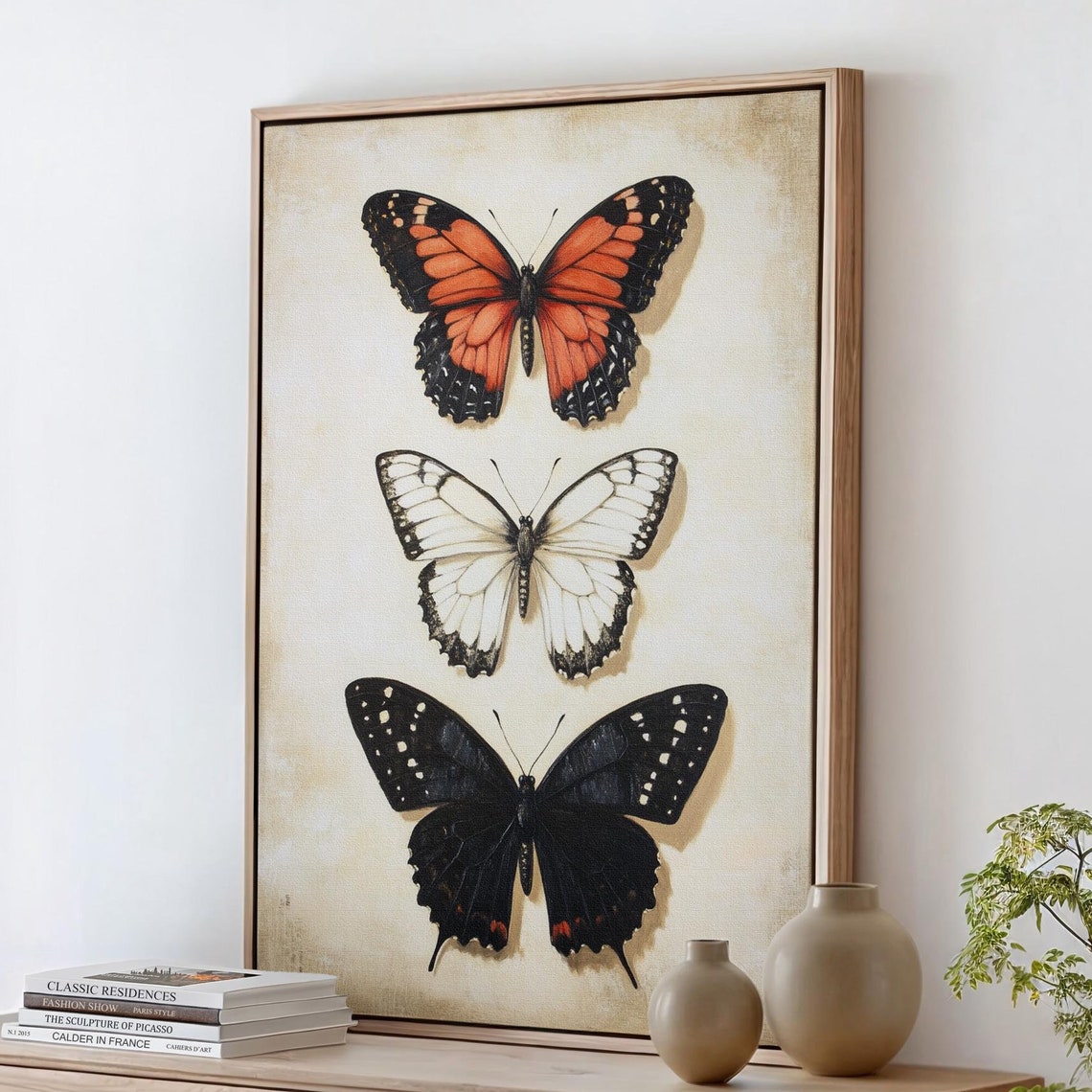 Orange White Black Butterfly Trio Vintage Entomology Study Art Poster