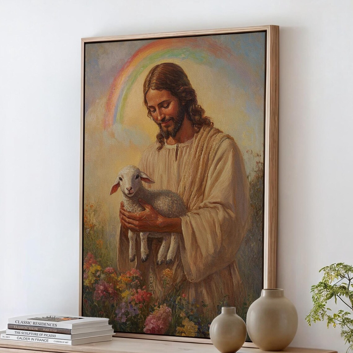 Jesus Holding Lamb With Rainbow, Christian Decor