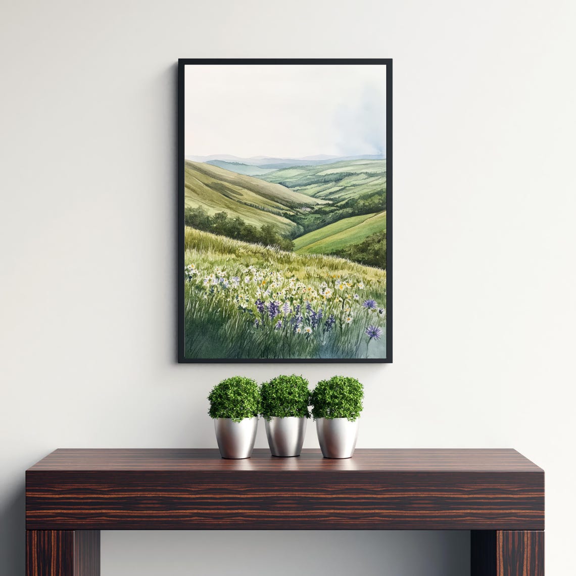 Yorkshire Dales Watercolor Rolling Hills Wildflower Meadow Poster