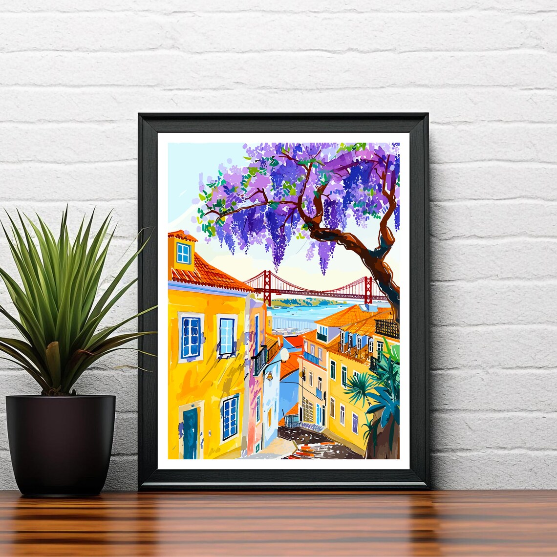 Lisbon Portugal Colorful Jacaranda Street Bridge Travel Poster - Image 2