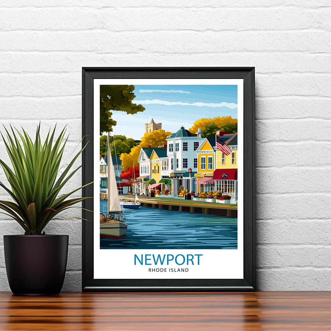 Newport Rhode Island Harbor Sailboat Waterfront Shops Travel Poster - Image 2
