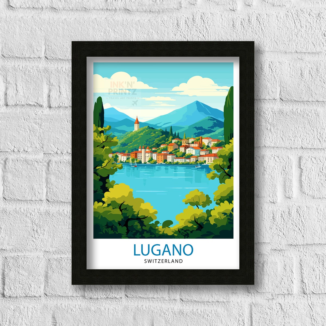 Lugano Switzerland Print Lake Lugano Art Swiss Cityscape Poster Ticino Region Wall Decor Alpine Lake Illustration Swiss Italian Charm - Image 3
