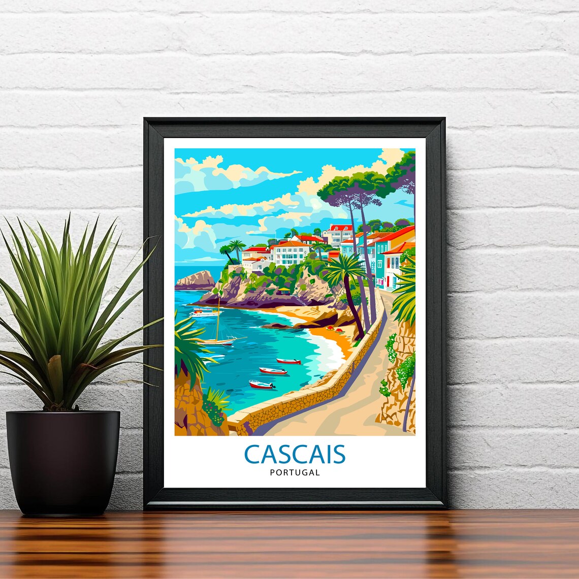 Cascais Portugal Rocky Cove Boats Palm Promenade Travel Poster - Image 2