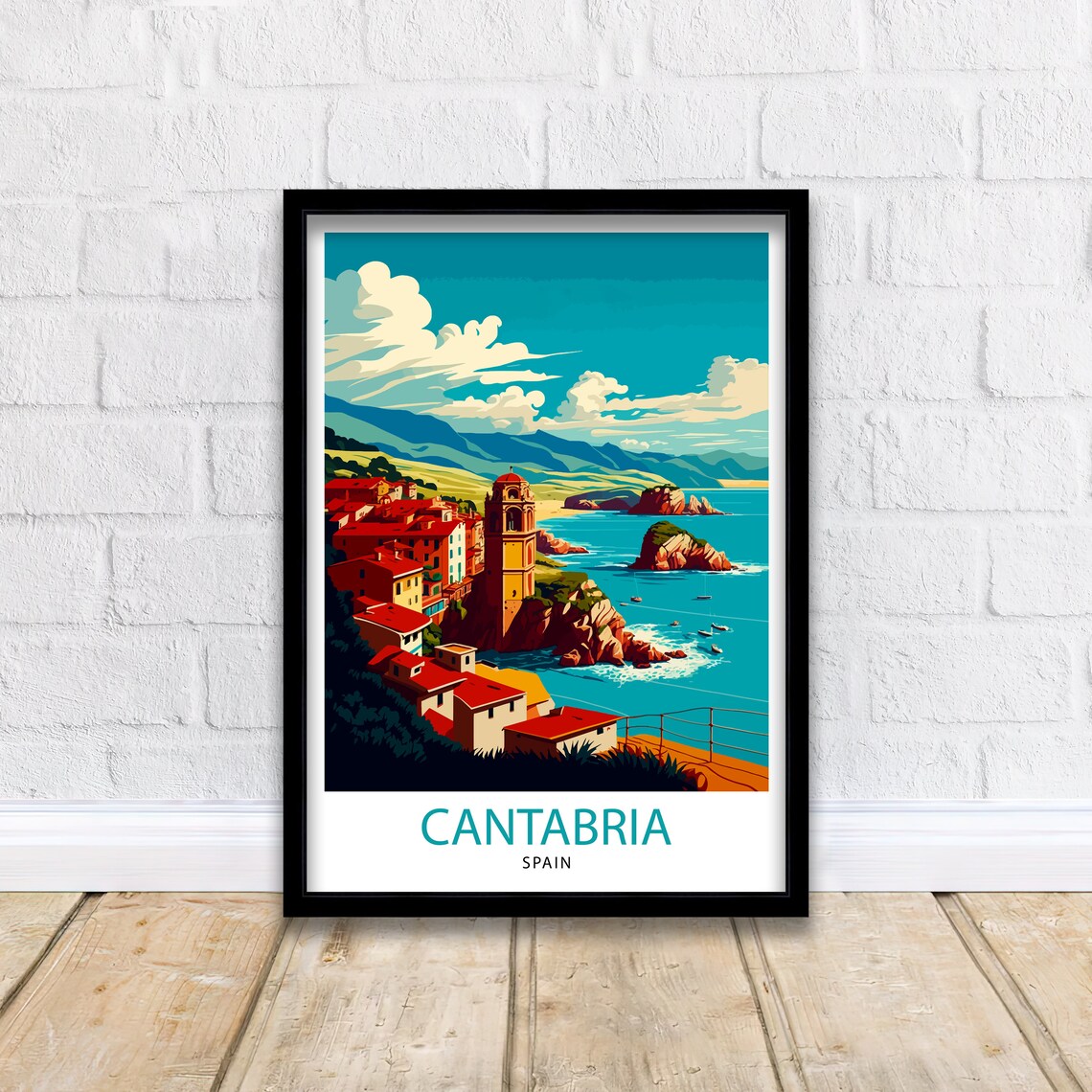 Cantabria Spain Coastal Cliff Town Church Tower Seaside Poster - Image 3