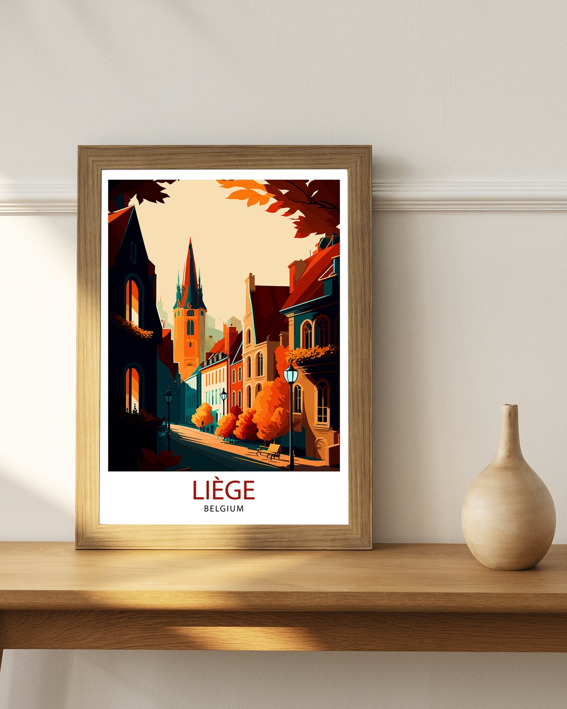 Liege Belgium Autumn Street Church Spire Vintage Style Travel Poster - Image 3