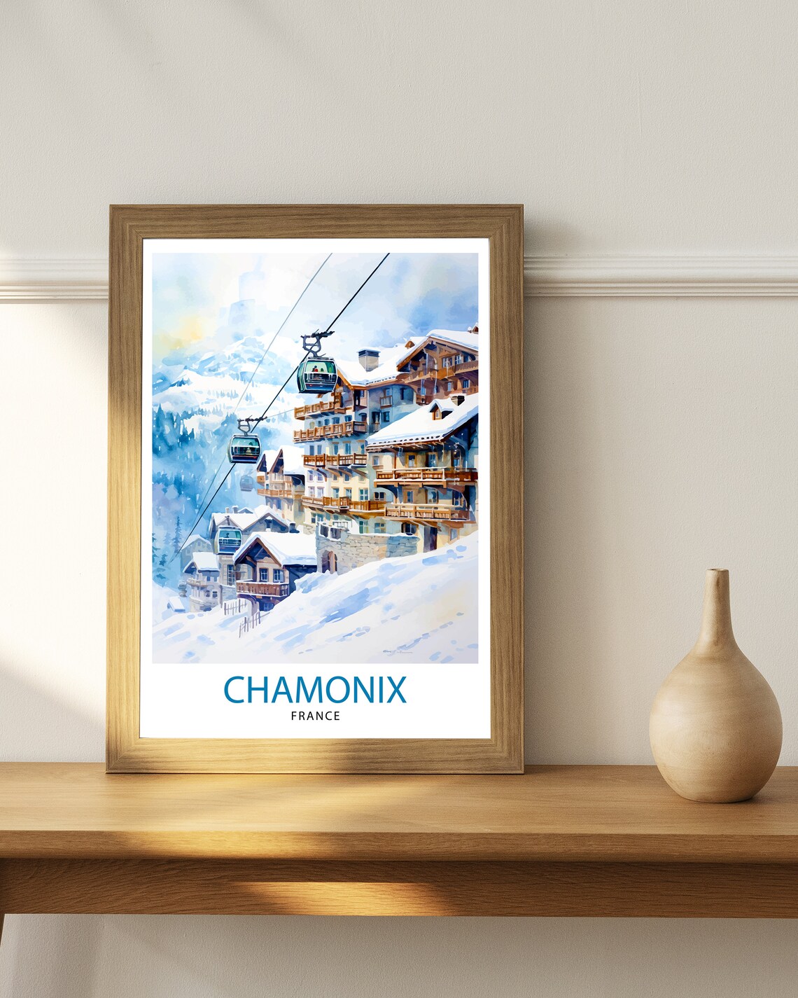 Chamonix France Gondola Lifts Snowy Chalets Watercolor Travel Poster - Image 3