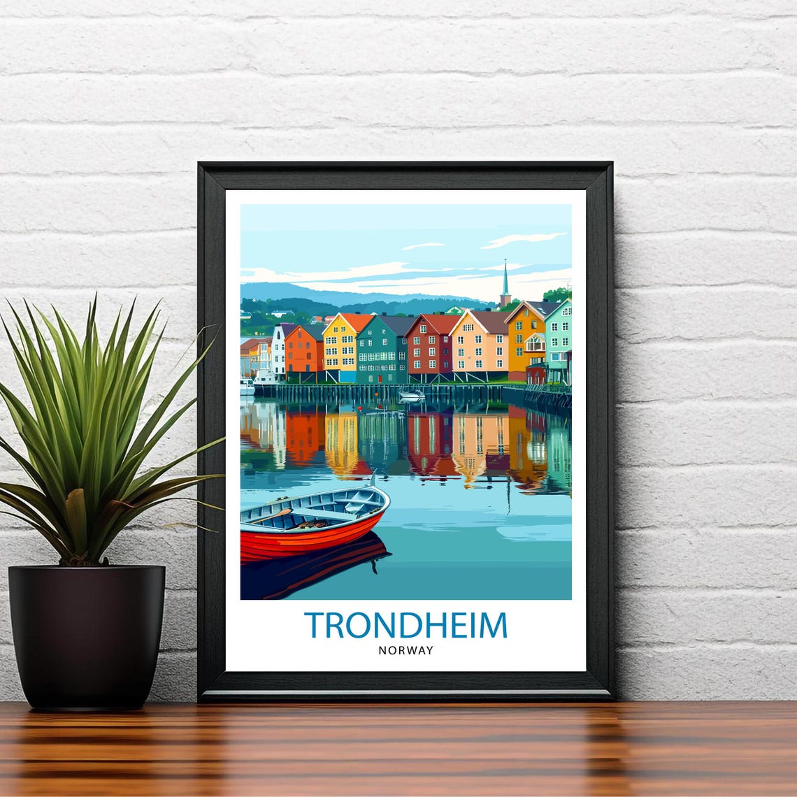 Trondheim Norway Wharf Houses Harbor Reflection Scene Poster - Image 2