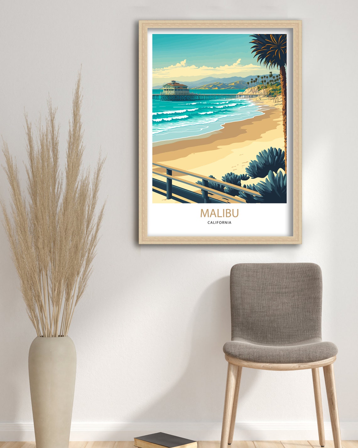 Malibu California Pier Beach Palm Trees Vintage Travel Poster - Image 3